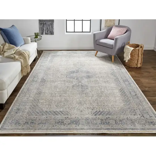 10' Gray Blue and Taupe Oriental Power Loom Runner Rug With Fringe Photo 5