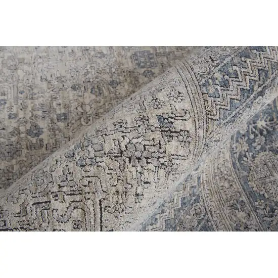 8' Gray Blue and Taupe Oriental Power Loom Worn Faded Runner Rug With Fringe Photo 7