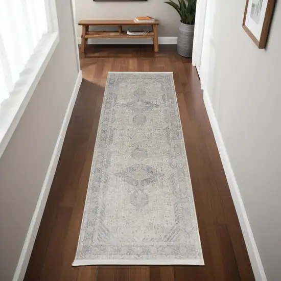 8' Gray Blue and Taupe Oriental Power Loom Worn Faded Runner Rug With Fringe Photo 1