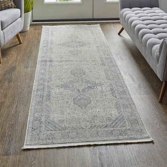 8' Gray Blue and Taupe Oriental Power Loom Worn Faded Runner Rug With Fringe Photo 6