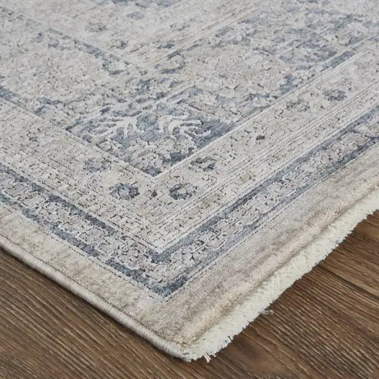 8' Gray Blue and Taupe Oriental Power Loom Worn Faded Runner Rug With Fringe Photo 4