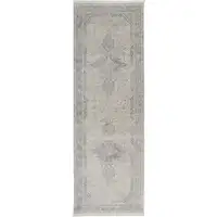 Photo of 12' Gray Blue and Taupe Oriental Power Loom Worn Faded Runner Rug With Fringe