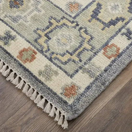 10' Gray Blue and Taupe Wool Geometric Hand Knotted Runner Rug With Fringe Photo 4