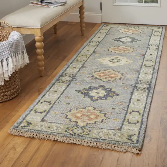 12' Gray Blue and Taupe Wool Geometric Hand Knotted Runner Rug With Fringe Photo 6