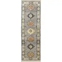 Photo of 12' Gray Blue and Taupe Wool Geometric Hand Knotted Runner Rug With Fringe