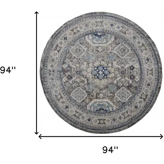 8' Gray Brown And Blue Round Floral Stain Resistant Area Rug Photo 6