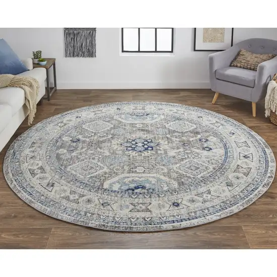 8' Gray Brown And Blue Round Floral Stain Resistant Area Rug Photo 4