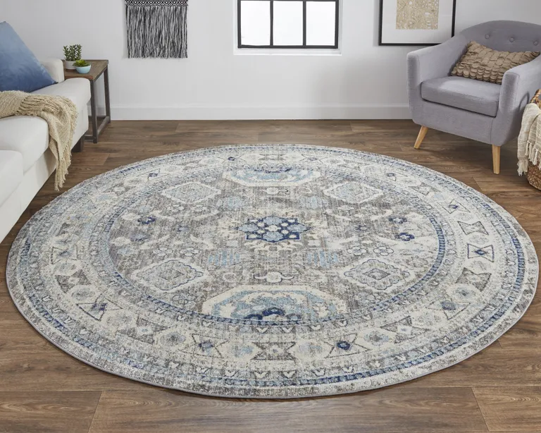 8' Gray Brown And Blue Round Floral Stain Resistant Area Rug Photo 4