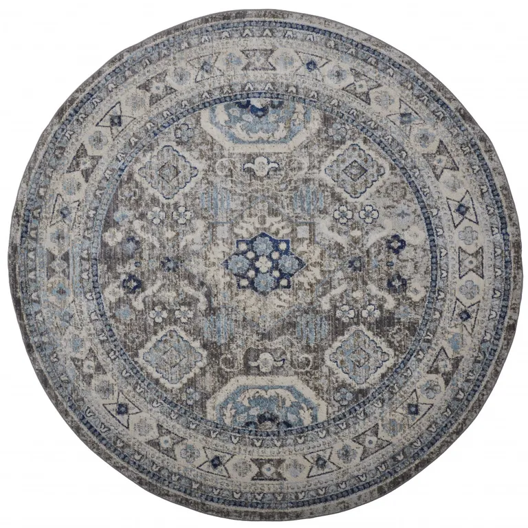 8' Gray Brown And Blue Round Floral Stain Resistant Area Rug Photo 1