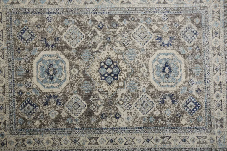 8' Gray Brown And Blue Round Floral Stain Resistant Area Rug Photo 3