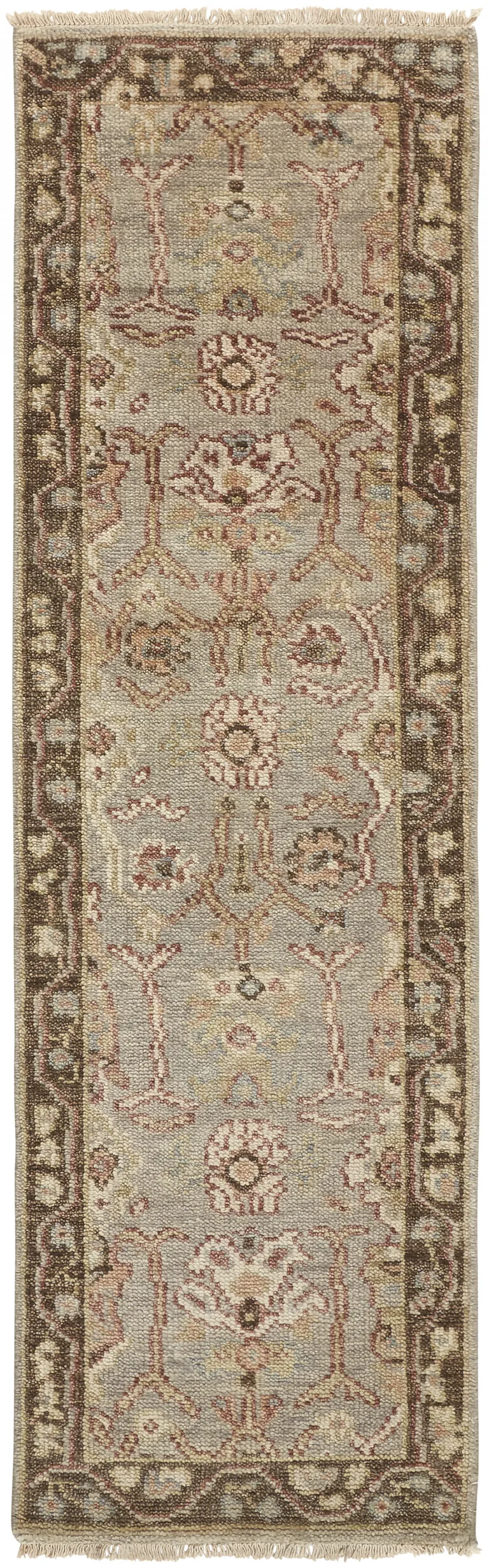 8' Gray Brown And Gold Wool Floral Hand Knotted Stain Resistant Runner Rug With Fringe Photo 1