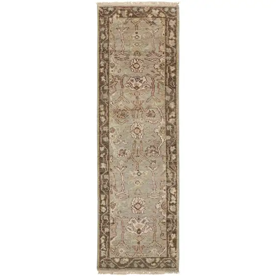 8' Gray Brown And Gold Wool Floral Hand Knotted Stain Resistant Runner Rug With Fringe Photo 1