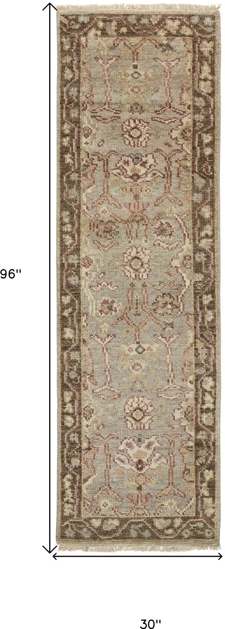 8' Gray Brown And Gold Wool Floral Hand Knotted Stain Resistant Runner Rug With Fringe Photo 5