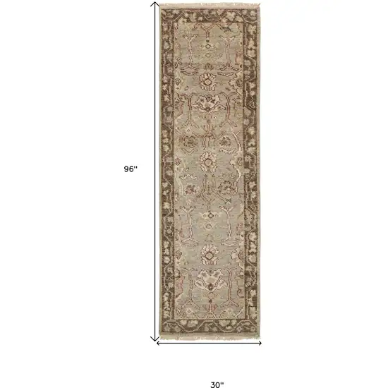 8' Gray Brown And Gold Wool Floral Hand Knotted Stain Resistant Runner Rug With Fringe Photo 5