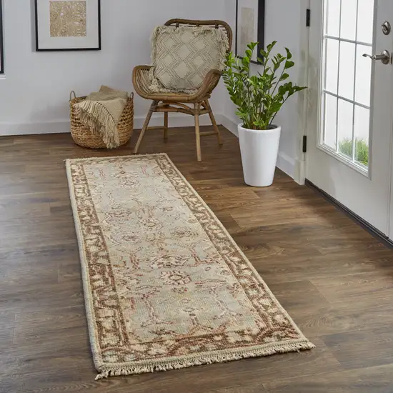 8' Gray Brown And Gold Wool Floral Hand Knotted Stain Resistant Runner Rug With Fringe Photo 3