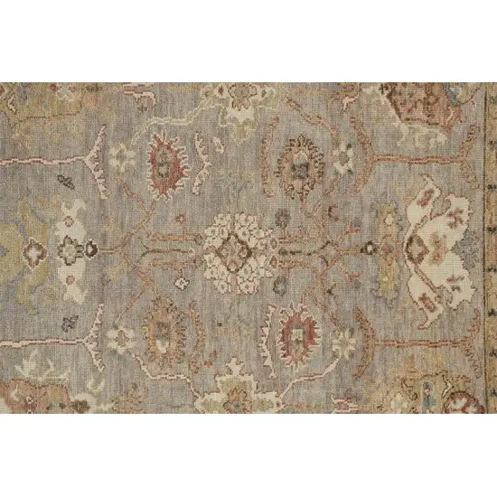 8' Gray Brown And Gold Wool Floral Hand Knotted Stain Resistant Runner Rug With Fringe Photo 4