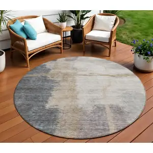 Photo of 8' Gray Charcoal And Beige Round Abstract Washable Indoor Outdoor Area Rug