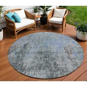 Photo of 8' Gray Charcoal And Blue Round Abstract Washable Indoor Outdoor Area Rug