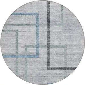 Photo of 8' Gray Charcoal And Blue Round Geometric Washable Indoor Outdoor Area Rug