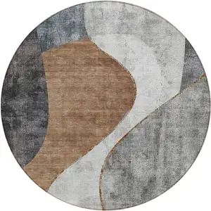 Photo of 8' Gray Charcoal And Brown Round Abstract Washable Indoor Outdoor Area Rug