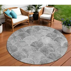 Photo of 8' Gray Charcoal And Ivory Round Abstract Washable Indoor Outdoor Area Rug