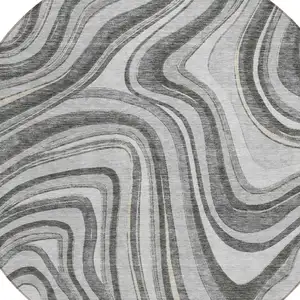 Photo of 8' Gray Charcoal And Ivory Round Abstract Washable Indoor Outdoor Area Rug