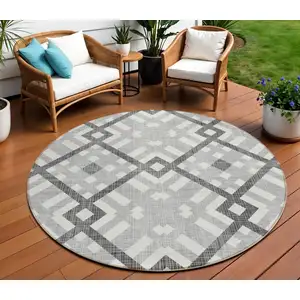 Photo of 8' Gray Charcoal And Ivory Round Geometric Washable Indoor Outdoor Area Rug