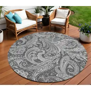 Photo of 8' Gray Charcoal And Ivory Round Paisley Washable Indoor Outdoor Area Rug