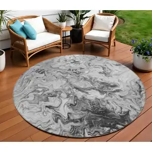 Photo of 8' Gray Charcoal And Silver Round Abstract Washable Indoor Outdoor Area Rug