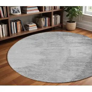 Photo of 8' Gray Charcoal And Silver Round Abstract Washable Indoor Outdoor Area Rug