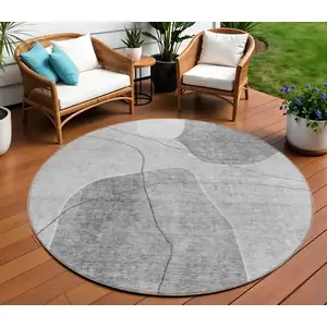 Photo of 8' Gray Charcoal And Silver Round Abstract Washable Indoor Outdoor Area Rug