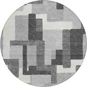 Photo of 8' Gray Charcoal And Silver Round Abstract Washable Indoor Outdoor Area Rug