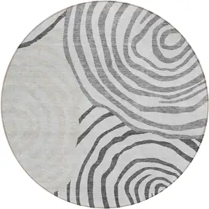 Photo of 8' Gray Charcoal And Silver Round Abstract Washable Indoor Outdoor Area Rug