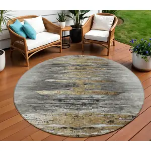 Photo of 8' Gray Charcoal And Silver Round Abstract Washable Indoor Outdoor Area Rug