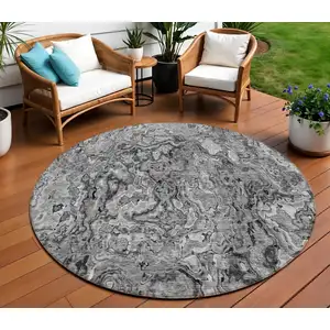 Photo of 8' Gray Charcoal And Silver Round Abstract Washable Indoor Outdoor Area Rug