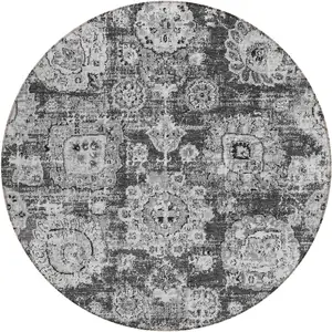 Photo of 8' Gray Charcoal And Silver Round Floral Washable Indoor Outdoor Area Rug