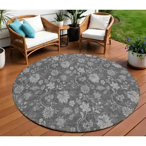 Photo of 8' Gray Charcoal And Silver Round Floral Washable Indoor Outdoor Area Rug