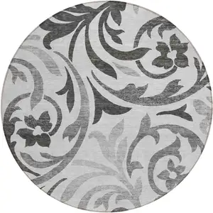 Photo of 8' Gray Charcoal And Silver Round Floral Washable Indoor Outdoor Area Rug