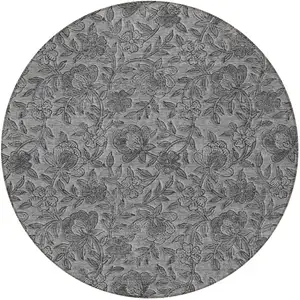 Photo of 8' Gray Charcoal And Silver Round Floral Washable Indoor Outdoor Area Rug