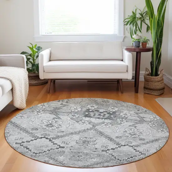 8' Gray Charcoal And Silver Round Floral Washable Indoor Outdoor Area Rug Photo 7