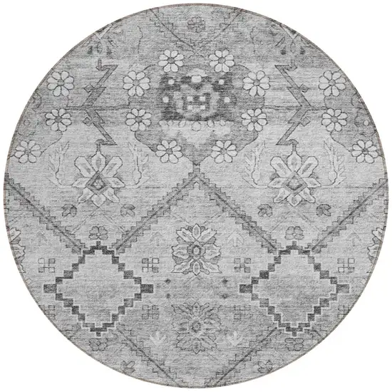 8' Gray Charcoal And Silver Round Floral Washable Indoor Outdoor Area Rug Photo 5