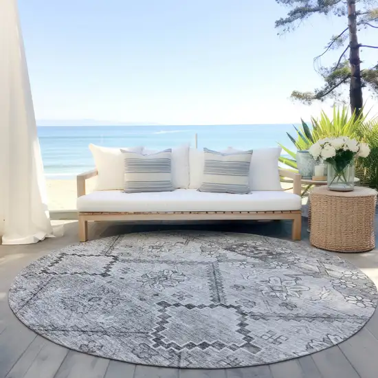 8' Gray Charcoal And Silver Round Floral Washable Indoor Outdoor Area Rug Photo 6