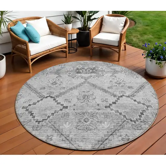 8' Gray Charcoal And Silver Round Floral Washable Indoor Outdoor Area Rug Photo 1