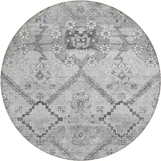 8' Gray Charcoal And Silver Round Floral Washable Indoor Outdoor Area Rug Photo 2