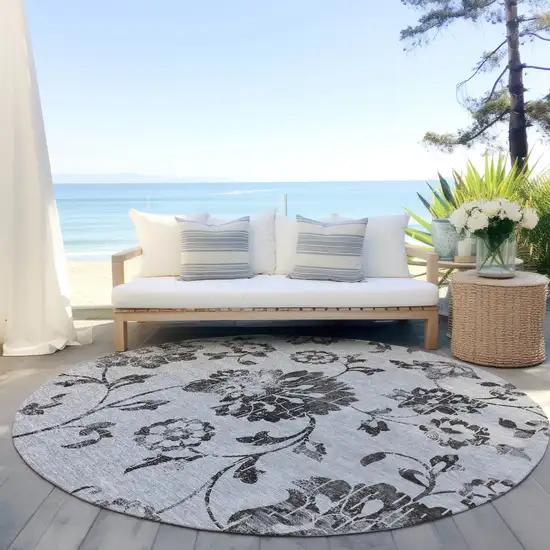 8' Gray Charcoal And Silver Round Floral Washable Indoor Outdoor Area Rug Photo 6