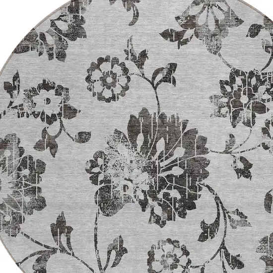 8' Gray Charcoal And Silver Round Floral Washable Indoor Outdoor Area Rug Photo 4