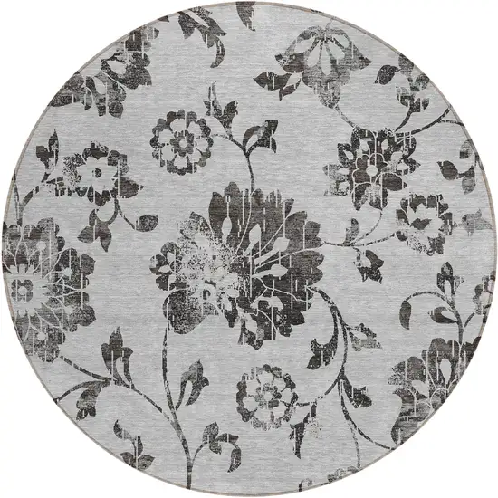 8' Gray Charcoal And Silver Round Floral Washable Indoor Outdoor Area Rug Photo 2