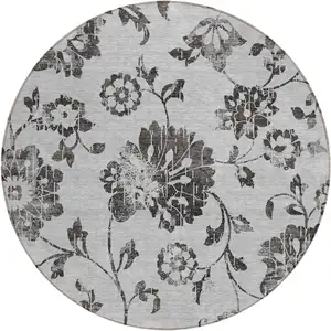 Photo of 8' Gray Charcoal And Silver Round Floral Washable Indoor Outdoor Area Rug