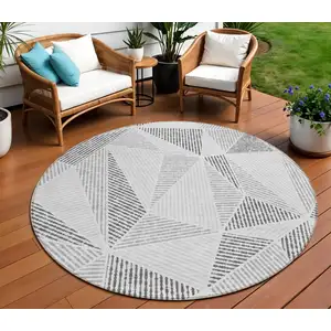 Photo of 8' Gray Charcoal And Silver Round Geometric Washable Indoor Outdoor Area Rug