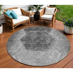 Photo of 8' Gray Charcoal And Silver Round Geometric Washable Indoor Outdoor Area Rug